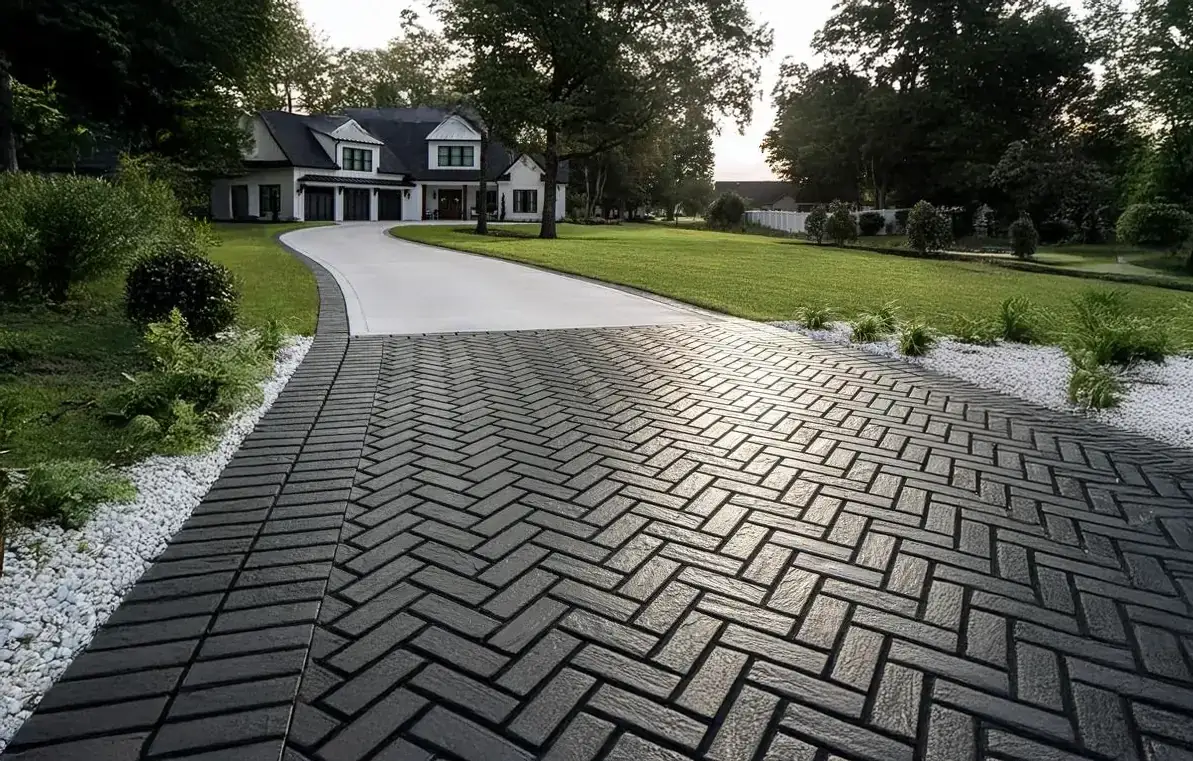 Dark herringbone paver driveway blending into a light stone border