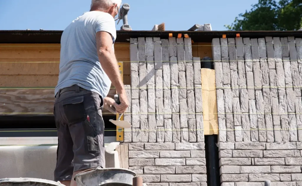 A masonry worker applying gray bricks to a house façade.