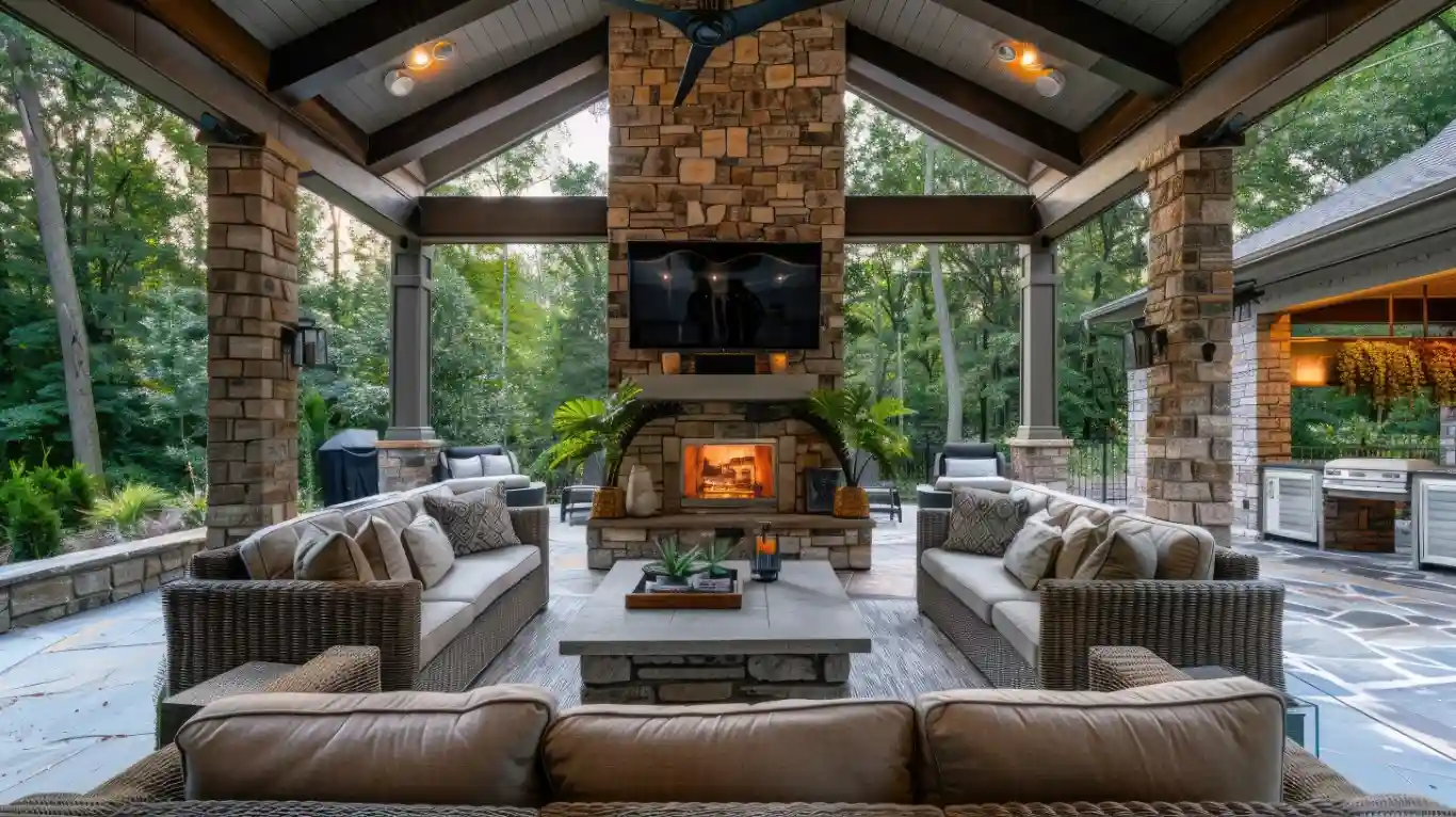 Tech-enhanced outdoor patio with weather-resistant entertainment system.