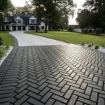 Beautiful black colored brickwork driveway that blends into a white stone driveway that leads up to a luxurious modern home.