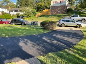 A partial view of a smooth asphalt driveway curving toward a residential street with several parked cars.