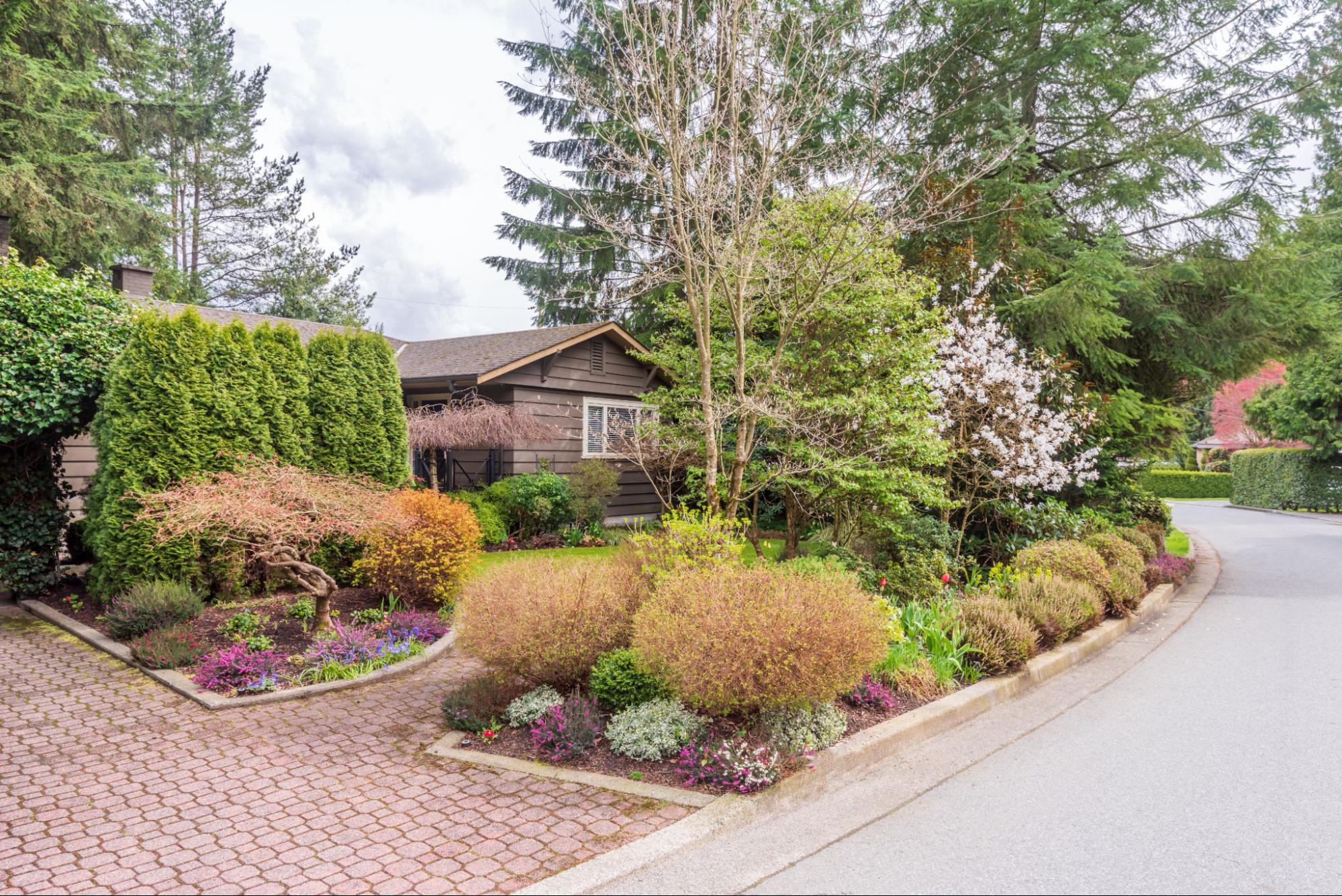 Stone driveway next to a home and plants.